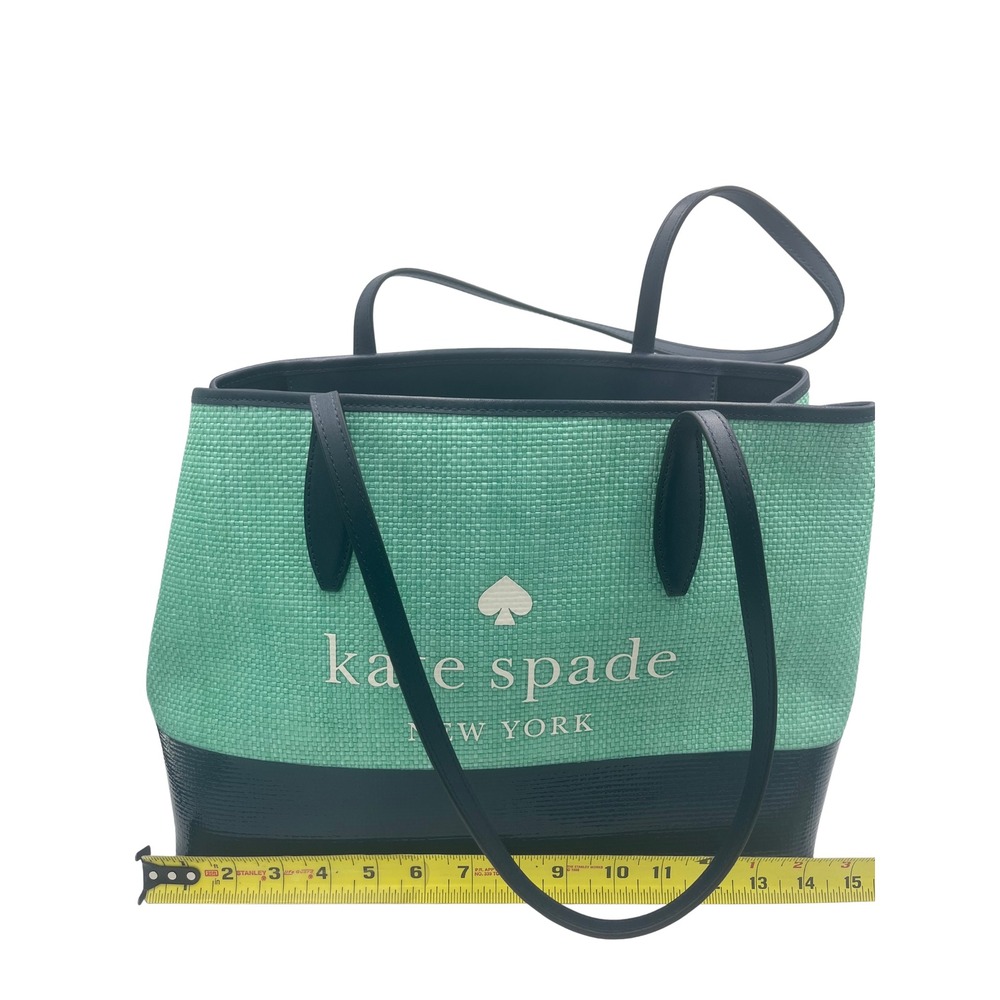 Kate Spade New York Green Woven Straw Tote Bag Navy Blue Trim Large Bag TLZFXB - Picture 7 of 9